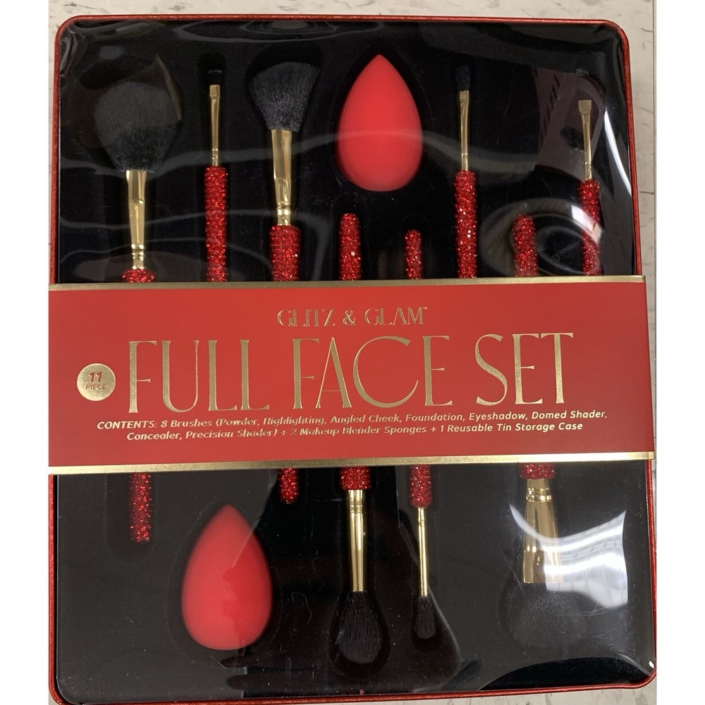 Red Rhinestone Makeup Brush Set 11-Piece Full Face Kit Glam Sponges New Gift